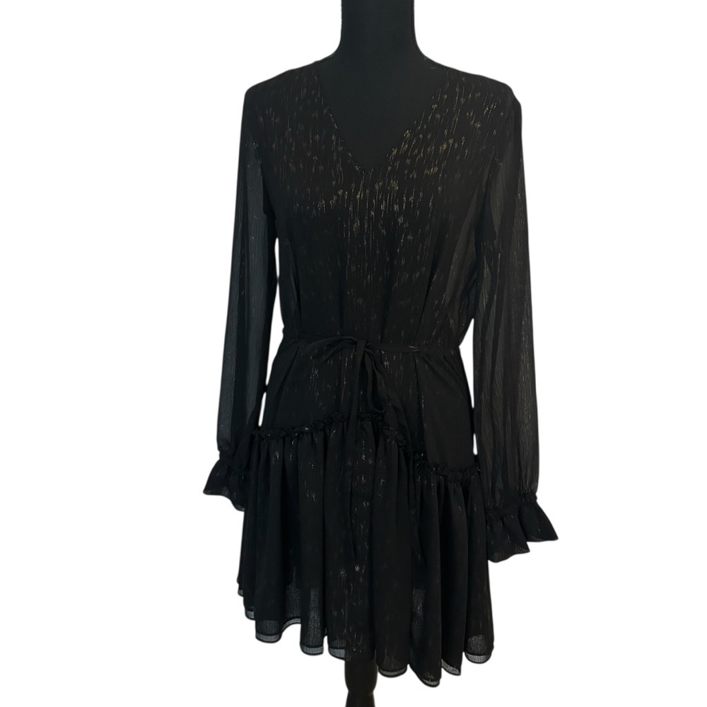 All Saints Mini Dress Long Sleeve Sheer Metallic Black Gold Party Size Small